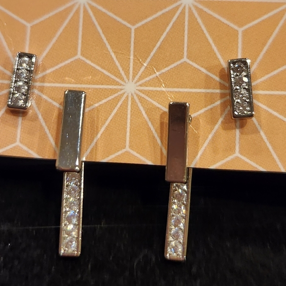 NEW 3 pc silver bar cubic zirconia ear jacket earrings - Picture 9 of 11